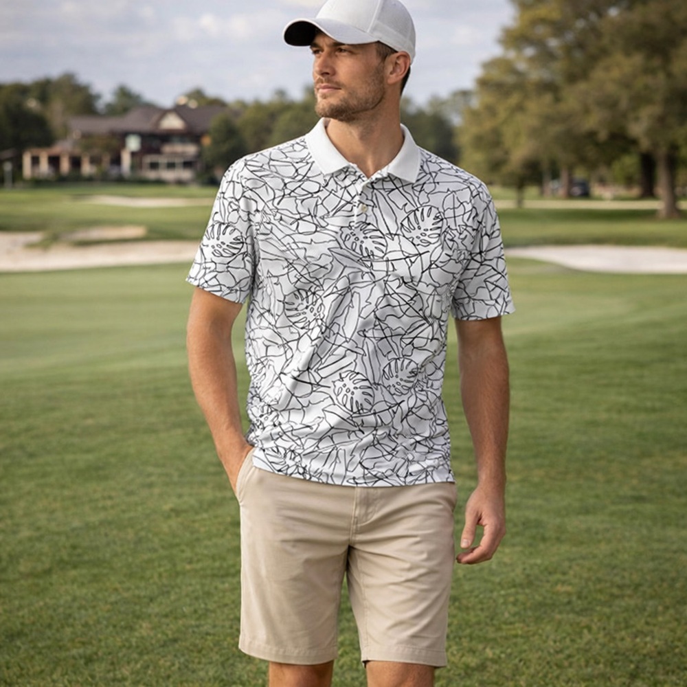 Goodfellow & Co White Black Tropical Leaf Golf Polo Shirt Standard Fit NWT L